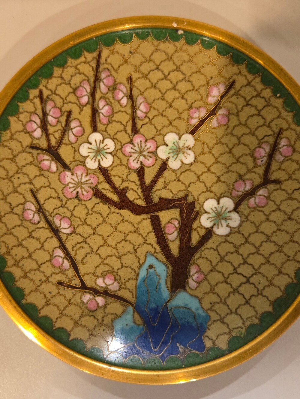 Decorative Floral Cloisonné Plate in Pink, Blue and Gold